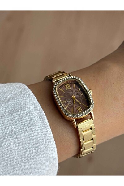 Vola Collection Brown Stone Oval Metal Case Gold Cord Minimal Women's Wristwa...