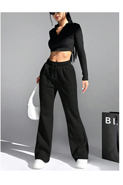 LOSSİA Γυναικείο μαύρο φαρδύ παντελόνι φόρμας μεγάλου μεγέθους, υψηλής ποιότη...