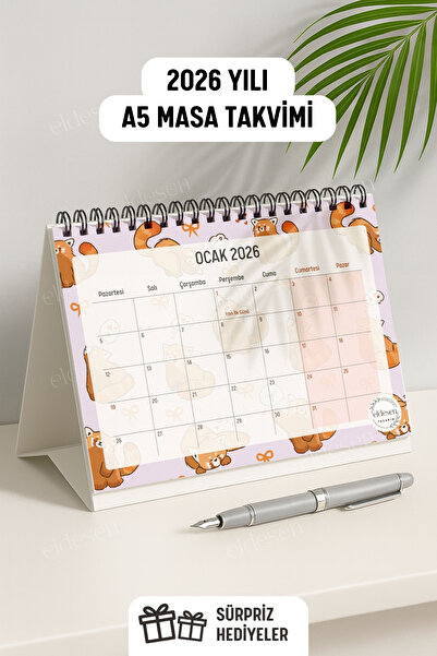 Eldesen Tasarım 2026 Masa Takvimi Spiralli A5 (21X16CM) Büyük Boy / Resmi Tatiller Ve Hafta Sonları / 12 Aylık