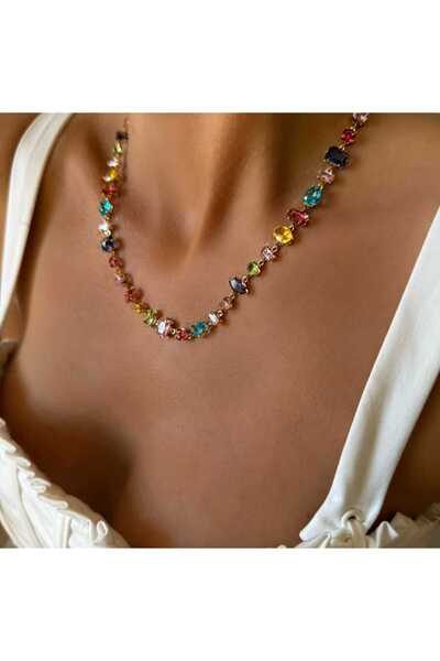 tesoro Çelik Renkli Taşlı kolye -Kararmaz Solmaz