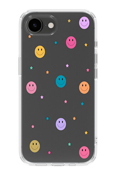 moonset Iphone 16E Uyumlu Gülen Yüz ve Yıldızlar Tasarımlı Baskılı Şeffaf Tel...