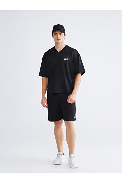 LC Waikiki Black V-Neck Short-Sleeve Printed Men T-Shirt