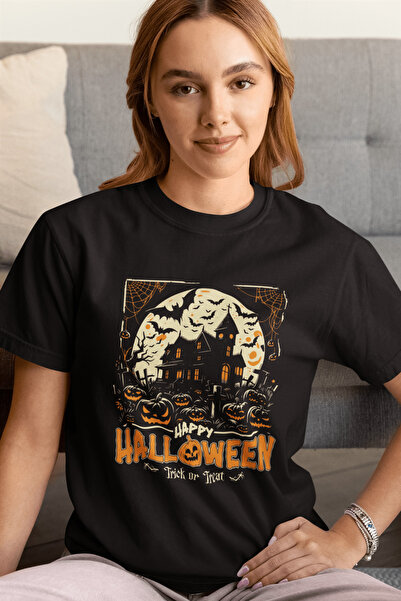 MAGORS تي شيرت نسائي قطني برقبة دائرية مطبوع عليه عبارة HAPPY HALLOWEEN