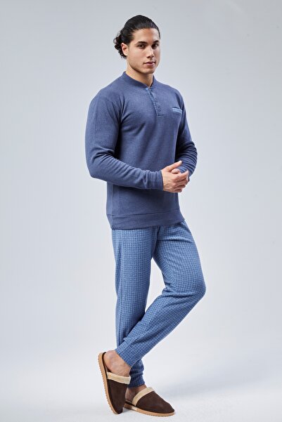 M MOONCOVER Mooncover Erkek Kışlık Göğüs Cebi Detaylı Pijama Takımı Jeans