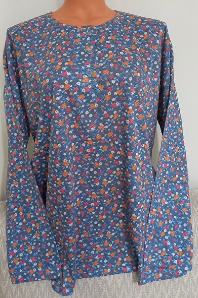 Anne Er Clothing Paper Print Combed Cotton Blouse 3 Buttons Long Sleeve Crew Neck Patterned