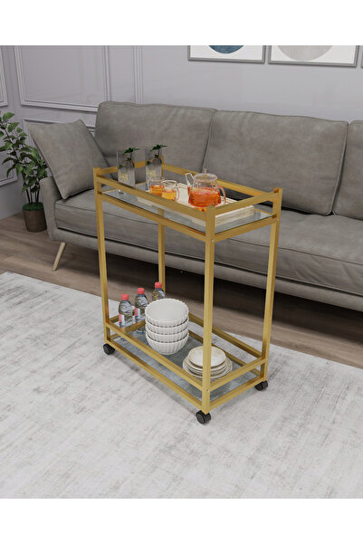 HNC HOME Çok Amaçlı Tekerlekli Sunum Servis Arabası Yan Sehpa Cam Raflı Gold ...