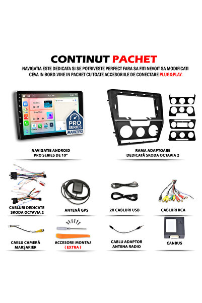 MaxTech Navigatie Skoda Octavia 2 pre-facelift (2004-2008) dedicata, 6 GB Ram 128 GB Rom OctaCore, Carplay