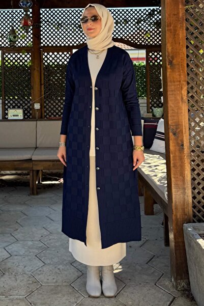 Rabia Şamlı Checkerboard Patterned Knitwear Cardigan Navy Blue