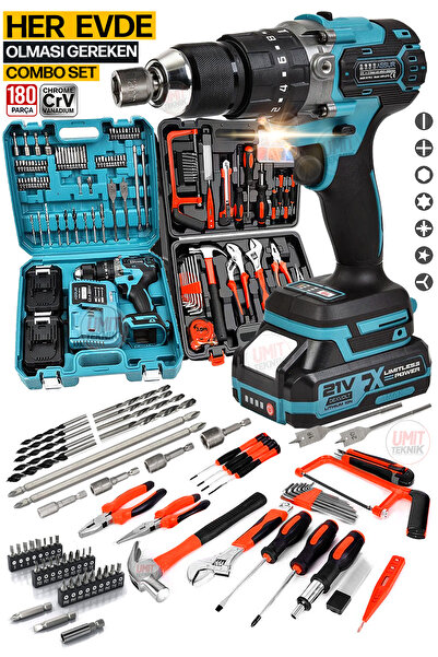 PROXTECH ProSeri Kömürsüz Turbo 180PCS Pense, Yıldız Düz Çekiç Tornavida 2x Akülü Matkap Vidalama Takım