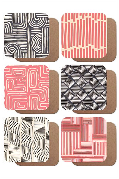 UNT Line Art Themed Set of 6 Wooden Coasters Pink / Black