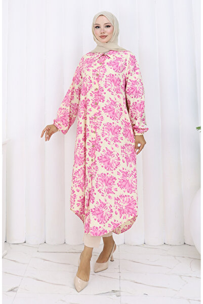 sefamerve Μακρύ τουνίκ από ύφασμα βισκόζης με κουμπιά σε όλη την πλάτη 0174-04 Φούξια