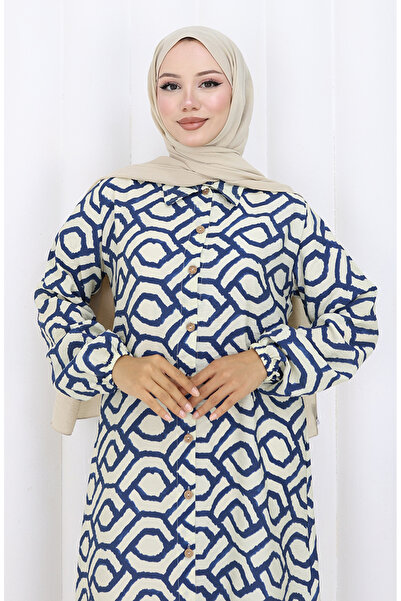 sefamerve Viskon Kumaş Boydan Düğmeli Uzun Tunik 0175-01 Lacivert