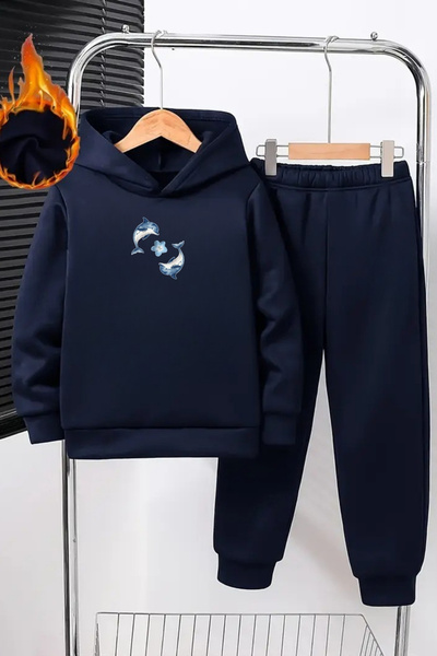 VİBES Παιδική φόρμα με κουκούλα – Navy Blue 2-Pece Dolphin Fish Printed Sweat...