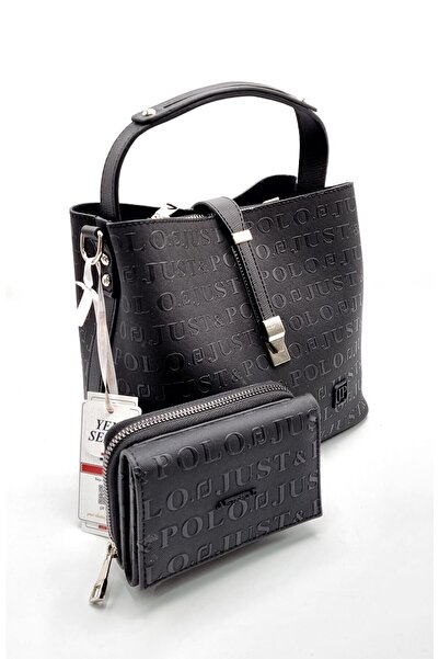 Just Polo مجموعة حقيبة ومحفظة سوداء اللون مكونة من 5 أقسام للنساء