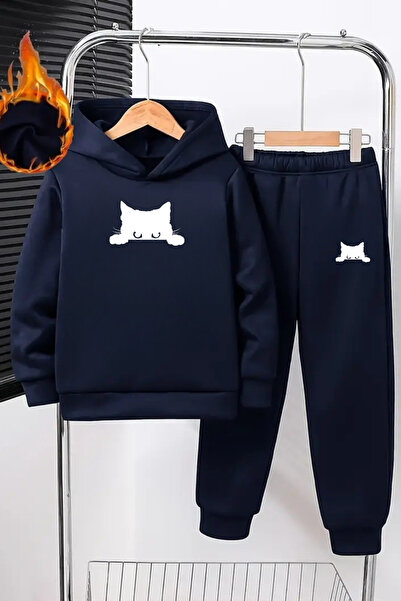 VİBES Παιδική φόρμα με κουκούλα – Navy Blue White Cat Printed Sweat & Jogger