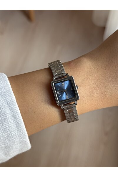 Vola Collection Navy Blue Square Dial Silver Steel Band Minimal Women's Wrist...