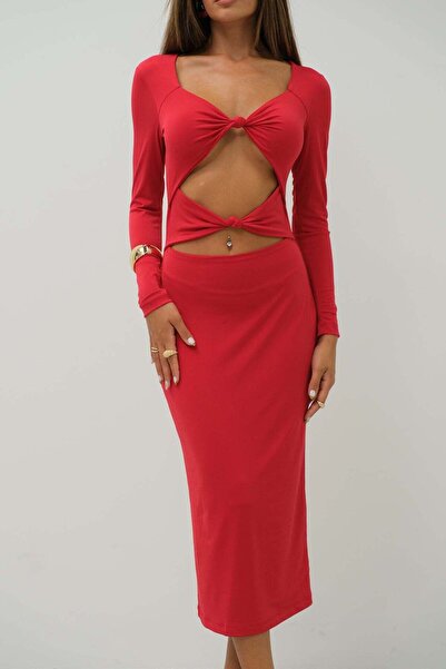 Maxi modena Knot Detailed Midi Length Red Dress