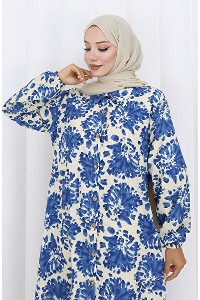 sefamerve Tunica lungă din țesătură de viscoză cu nasturi 0174-06 Bej Bleumarin