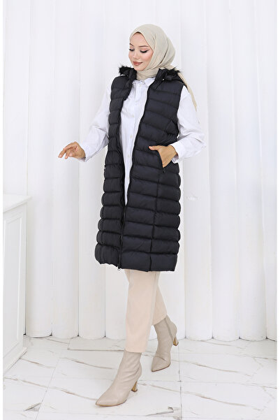 sefamerve Hooded Zippered Puffer Vest 0169A-02 Black