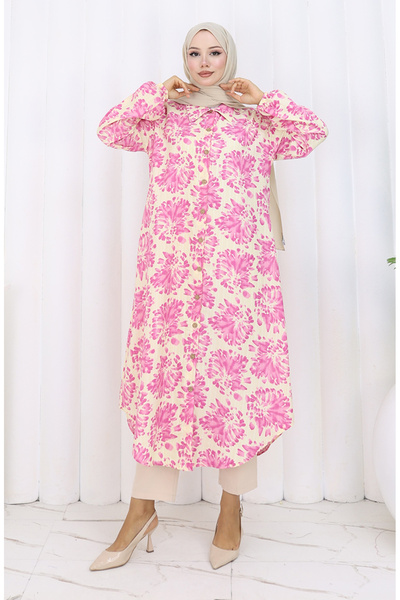 sefamerve Μακρύ τουνίκ από ύφασμα βισκόζης με κουμπιά σε όλη την πλάτη 0174-04 Φούξια