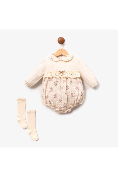 HENGAME طقم رومبير وجوارب من الموسلين بنقشة الزهور للفتيات الصغيرات من ميني كايزن - أرجواني (3-6 أشهر / 6-9 أشهر / 9-12 شهرًا)