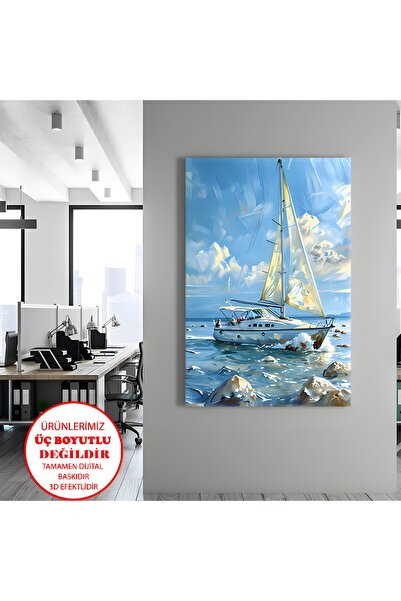 Harika bir ev KANVAS-DUVAR-SALON TABLOSU MAVİ TEKNE 2 | DİKEY ÇERÇEVESİZ KANV...