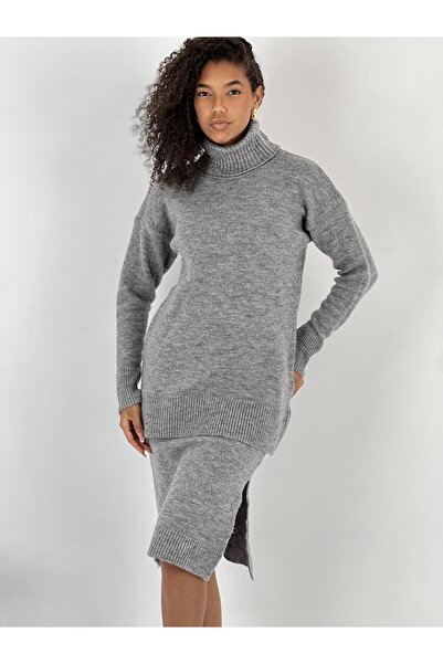 Miss Poem Women's Gray Corduroy Long Sleeve Sweater Slit Skirt Set