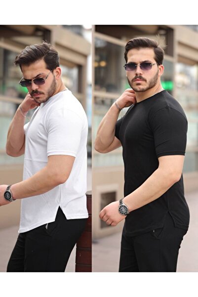 brozzi men Διπλό ασπρόμαυρο μπλουζάκι Unisex Dirty Collar Y άνοιγμα 100% βαμβ...