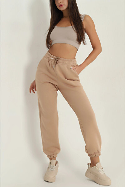 Zerenyus 3-Thread Ribbed Elasticated Leg Sweatpants Biscuit