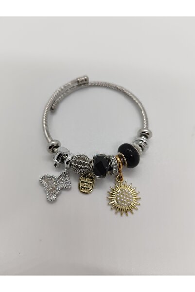 Cadde Dükkanı Charm Çelik Bileklik Silver Ayılı Güneşli