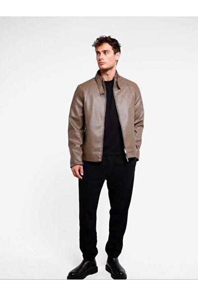 MAGICALFASHION Men's Plain Zippered Camel (Mink) Men's Faux Leather Jacket with Fur Inside