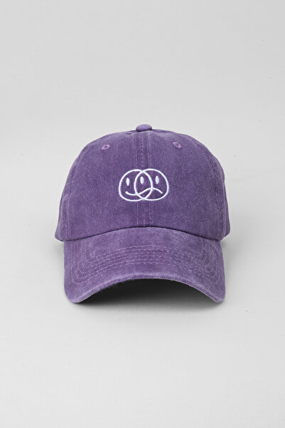 Kapin Eskitme Emoji Nakışlı Cap Şapka - Lila