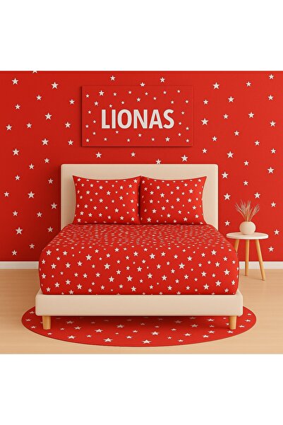 Ezgi ملاءة سرير مرنة بنمط نجمة حمراء مقاس 140 × 200 سم وغطاء وسادة مكون من قط...