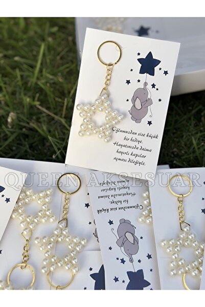 QUEEN AKSESUAR Pearl Star Design Boy Baby Children's Card Gift Keychain Birth Mevlüt Gift