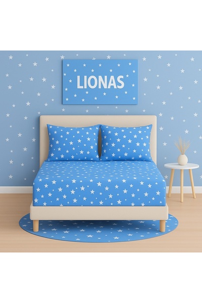 Ezgi Patterned 180 X 200 cm King Size Blue Star Elastic Sheet and 2 Pillowcases