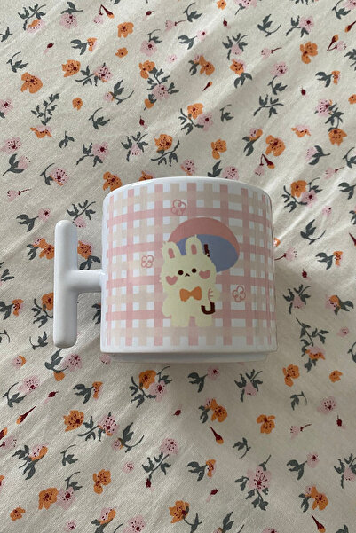 İnci Rüyası Hediyelik Cute Rabbit with Umbrella - Pink & White Gingham Pattern Design t Mug - Cup