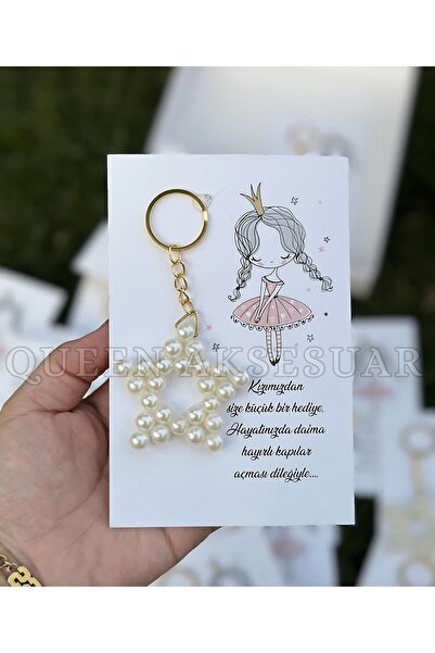 QUEEN AKSESUAR Pearl and Star Design Baby Girl Children's Card Gift Keychain Birthday Mevlüt Gift