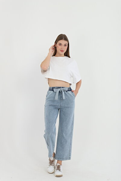 MİHRİZAR Kadın Yüksek Bel Lastikli Kuşaklı Bol Paça Kot Pantolon