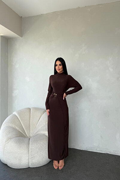 Genel Markalar BİSİKLET YAKA BEL TOKA DETAYLI SANDY ELBİSE