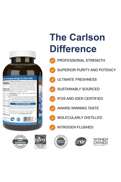 Carlson Wild-Caught Norwegian Cod Liver Oil with Omega-3, A & D3, 300 Lemon Softgels