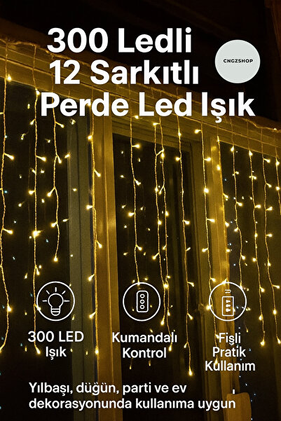 CNGZSHOP 300 Ledli 12 Sarkıtlı Perde Led Işık – Kumandalı, Fişli, Sıcak Sarı