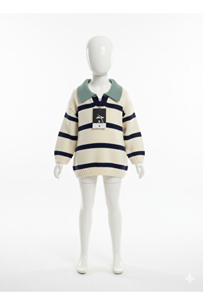 imoop design Kids Ecru Polo Neck Striped Knit Sweater