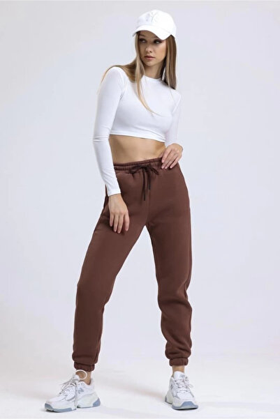 Zerenyus 3 Thread Ribbed Elastic Cuffed Sweatpants Brown