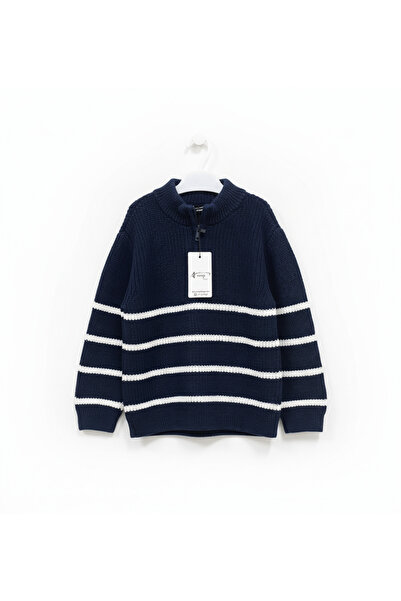 imoop design Kids Lacivert Balıkçı Yaka Fermuarlı Çizgili Triko Kazak