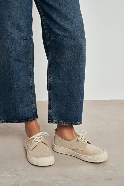 NİŞANTAŞI SHOES Space Beige Genuine Leather Suede Lace-Up Casual Sneaker Women's Shoes
