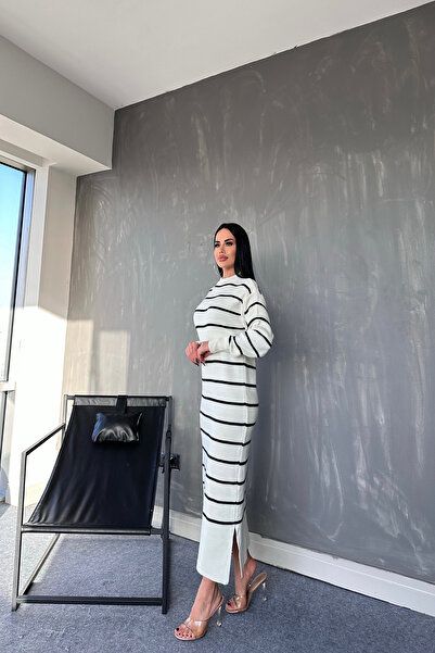 kamacibutik guler rotund Rochie tricotată cu dungi