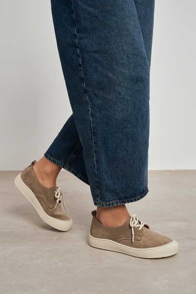 NİŞANTAŞI SHOES Space Dark Beige Genuine Leather Suede Lace-Up Casual Sneaker Women's Shoes