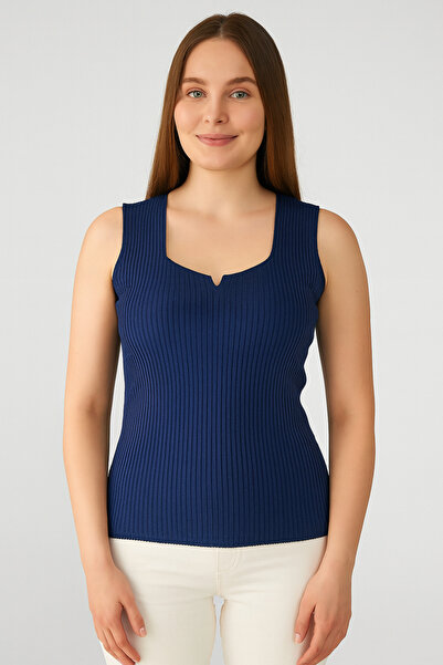 TİSTA Navy Blue Knitwear High Quality Thick Strap Sleeveless Blouse Ribbed Stretchy Soft Slim Square Neck