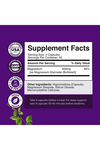 Natures Craft Pure Magnesium Glycinate 400mg Vegan Capsules for Mood, Sleep & Relaxation - 180 Count