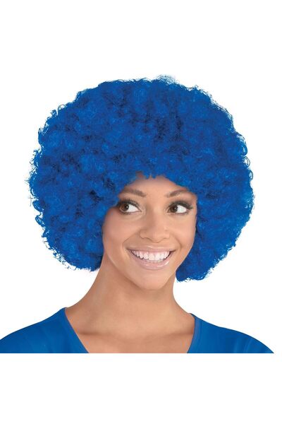 AMSCAN باروكة شعر مجعدة زرقاء نابضة بالحياة للحفلات - مصنوعة من مواد صناعية فاخرة للهالوين وحفلات التنكر